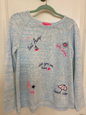Lilly Pulitzer Light Blue & White Marled Crewneck Sweater with Beach Embroidery